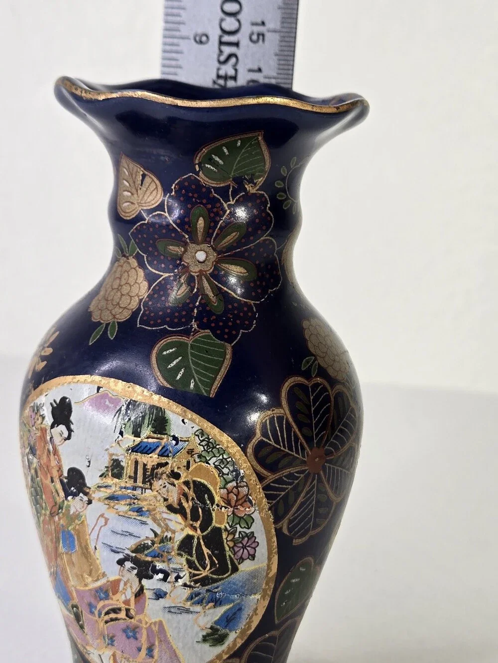 VTG Japanese Satsuma Style Vase Cobalt Blue Gold Hand Painted Geisha Moriage - Picture 12 of 17